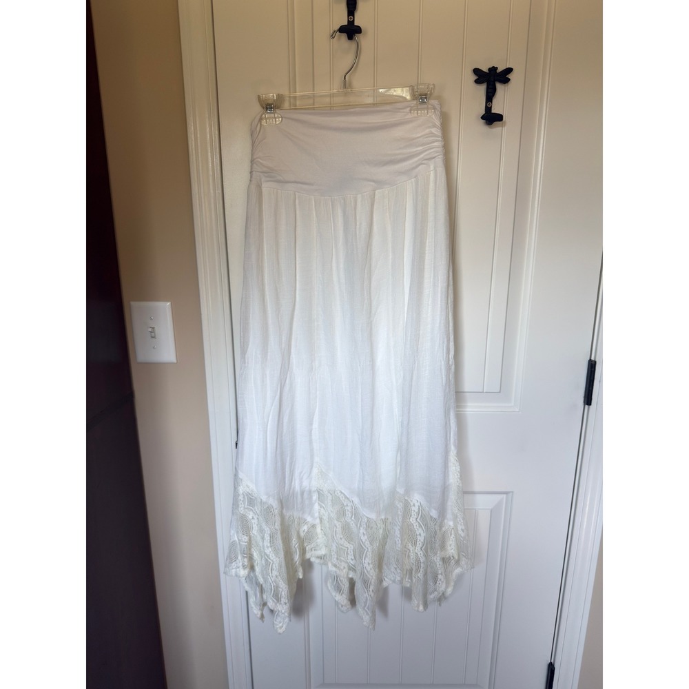 Apt. 9 White Lace Trim Handkerchief Hem Maxi Skirt Large Boho Ruched Waist